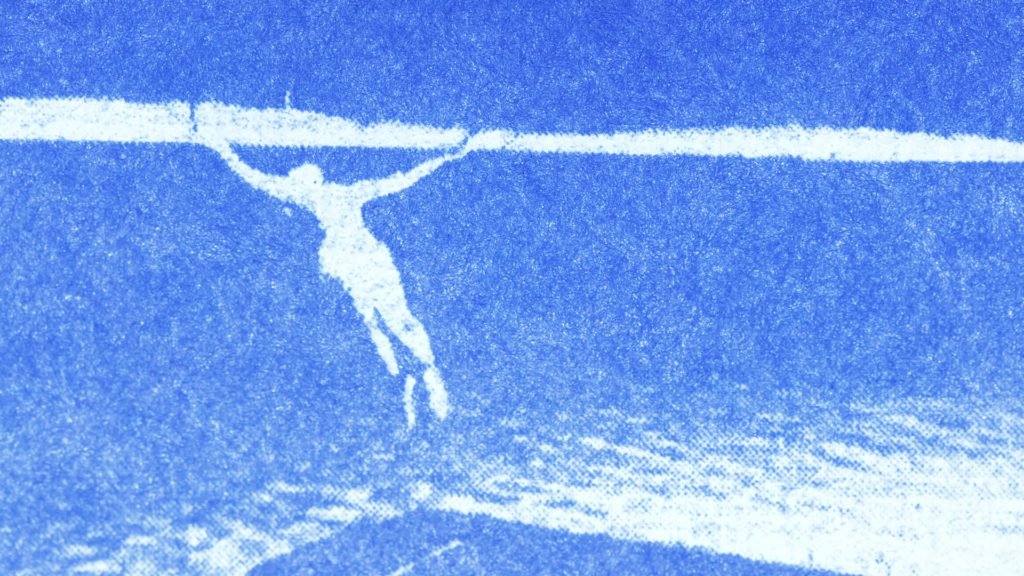 The white outline of a figure seems to leap, arms upraised, against a blue background.