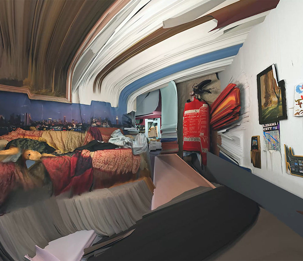 A colorful room containing a sofa and fire extinguisher is digitally distorted.